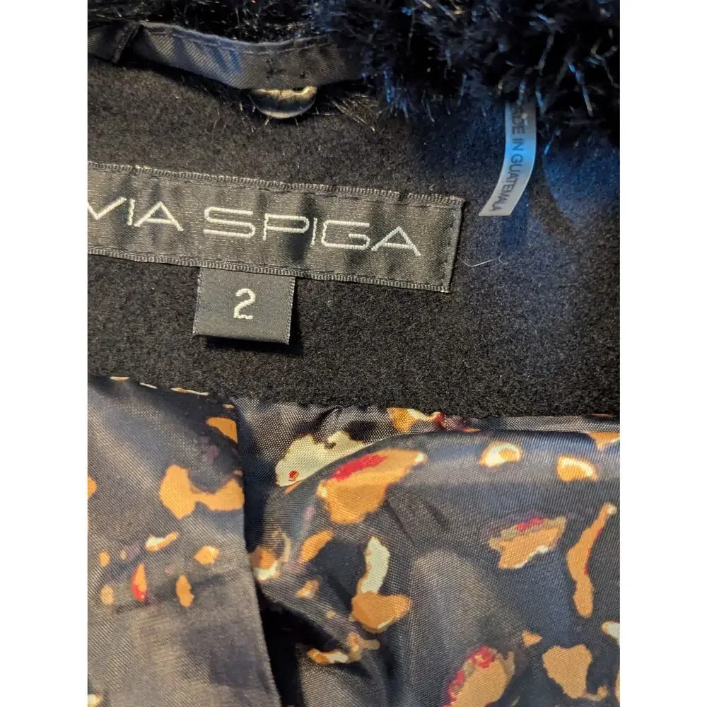 Via Spiga Wool Faux Fur Asymmetrical Full Zip Black Long Coat Jacket Sz 2 - Picture 8 of 11